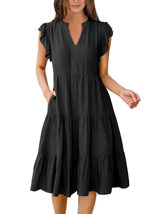 Summer Ruffle Sleeve V Neck Midi Dress XL